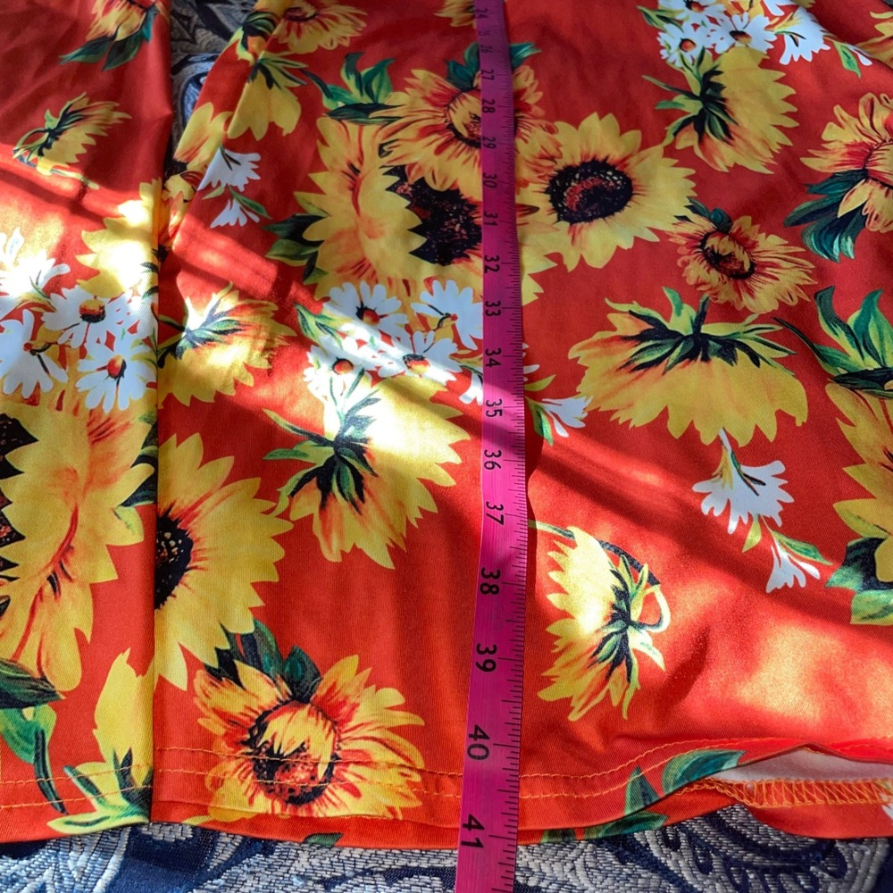Womens Sunflower Bell Bottom Flare Pants orange stretch Floral Boho Retro XS - Picture 7 of 7